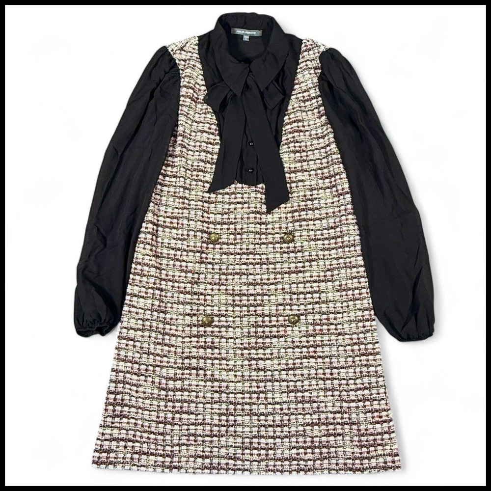 Julia Jordan Long Sleeve Mixed Media‎ Pinafore Tweed Dress Twee Academia Black 6